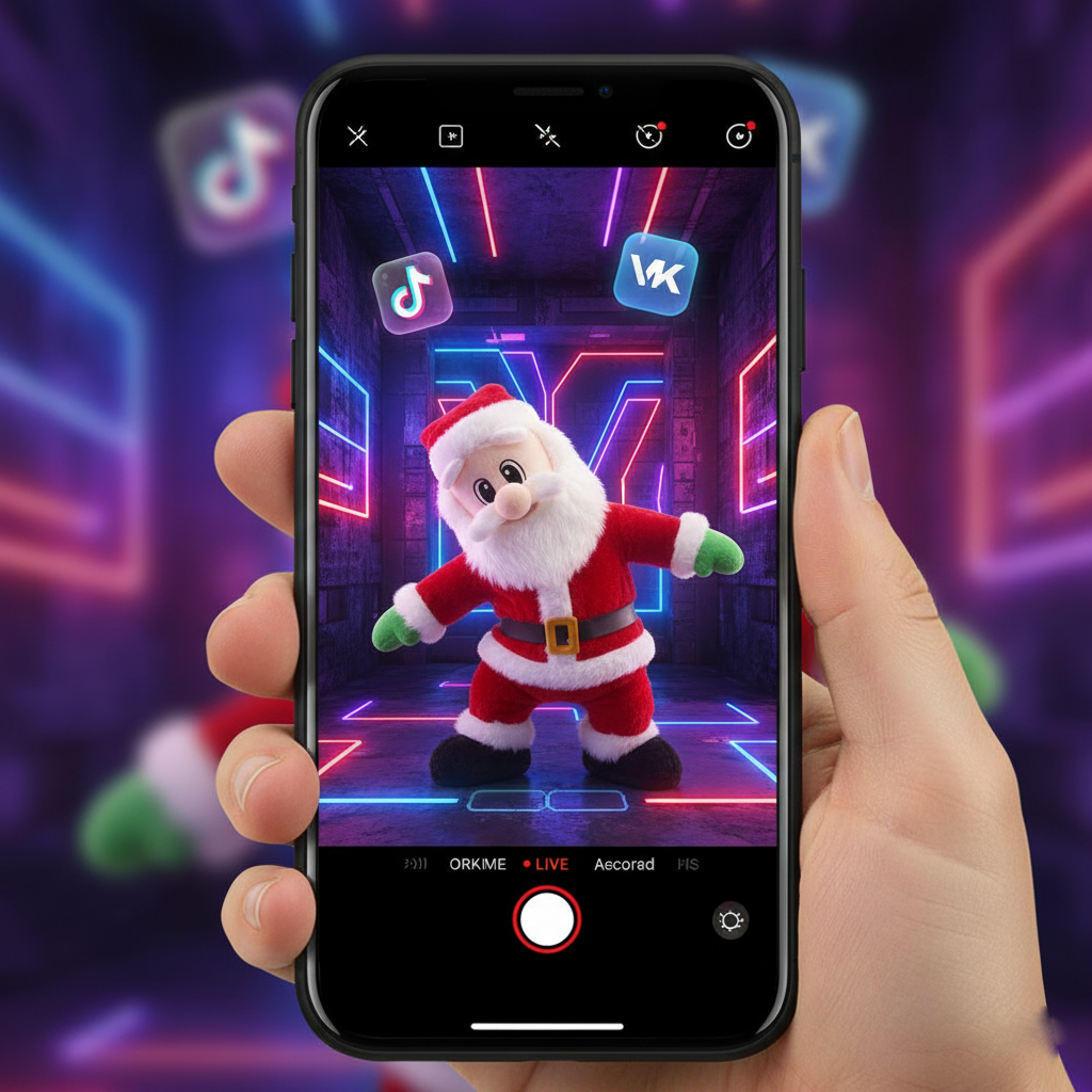 Съемка вирусного контента с танцующим Сантой для социальных сетей.